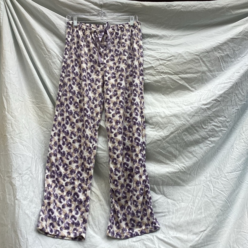 Mayfair NWT tan and purple animal print Minky Fleece Sleep Pants, size medium